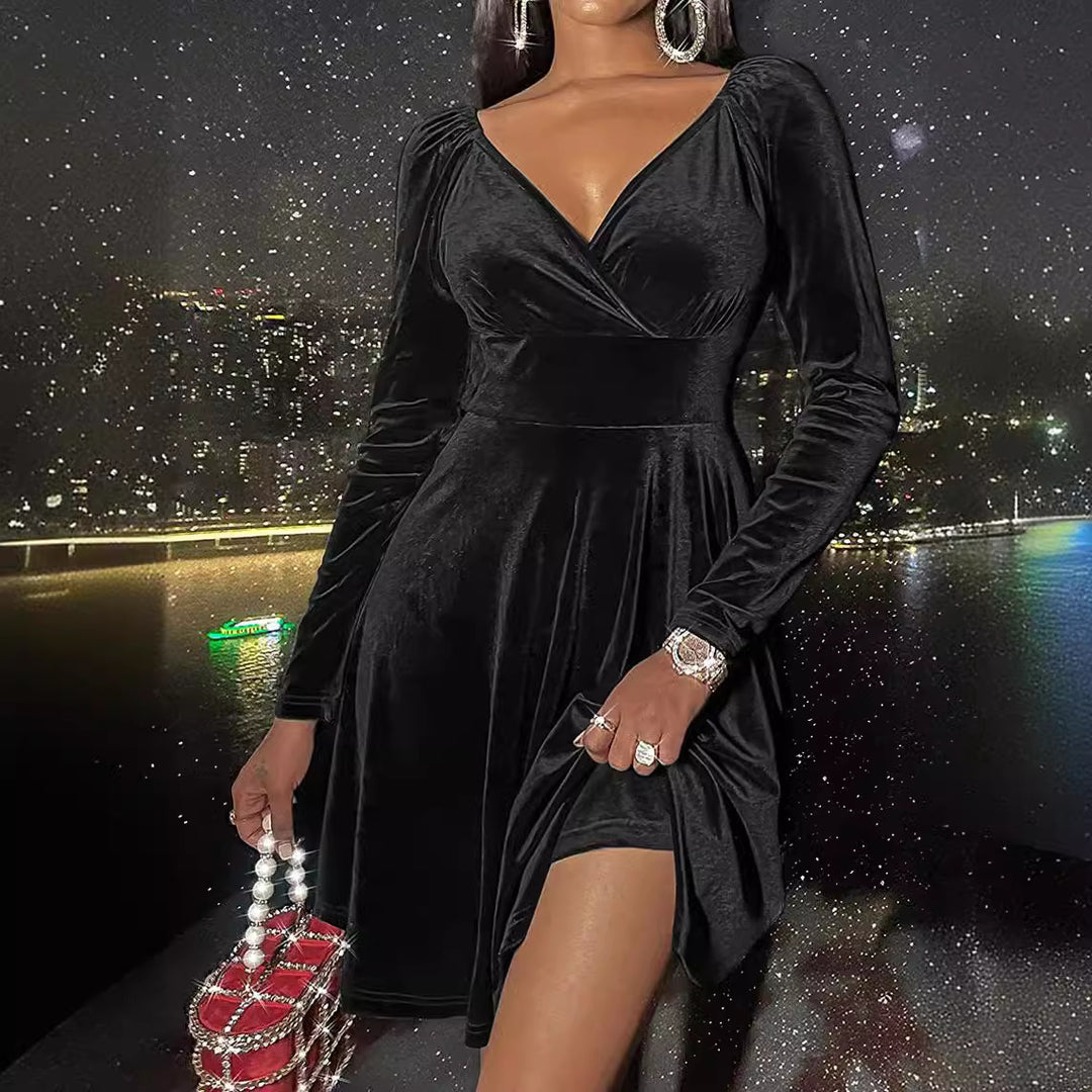 Holiday Dress Christmas Long-Sleeve V-Neck Dress