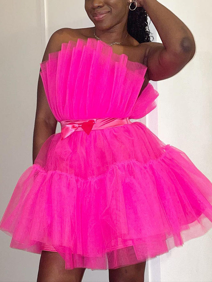 Bow Decor Layered Tulle Cocktail Dress Rose / M