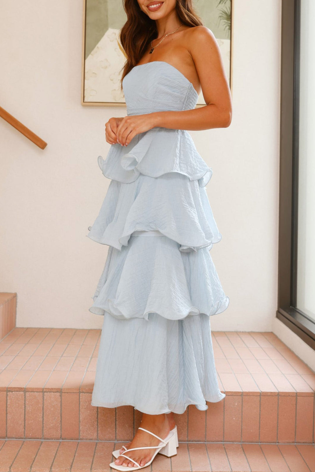 Strapless Sweet Chiffon Tiered Dress Blue · S
