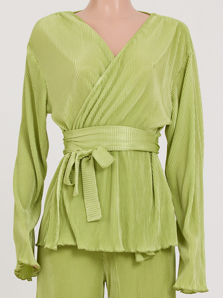 Belted Top Pleated Pants Set Green / L