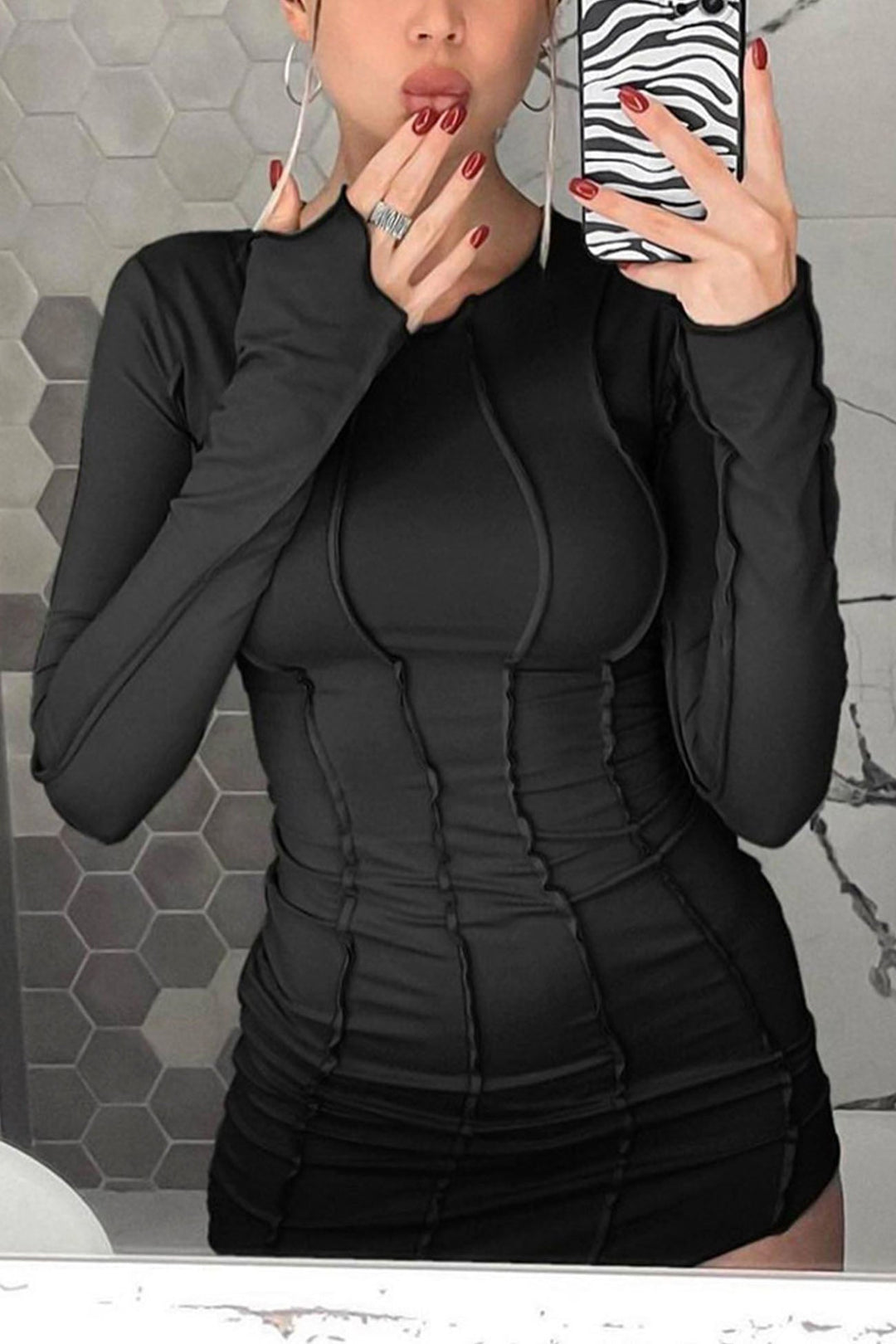 Irregular Shirred Long Sleeve Bodycon Mini Dress Black · M