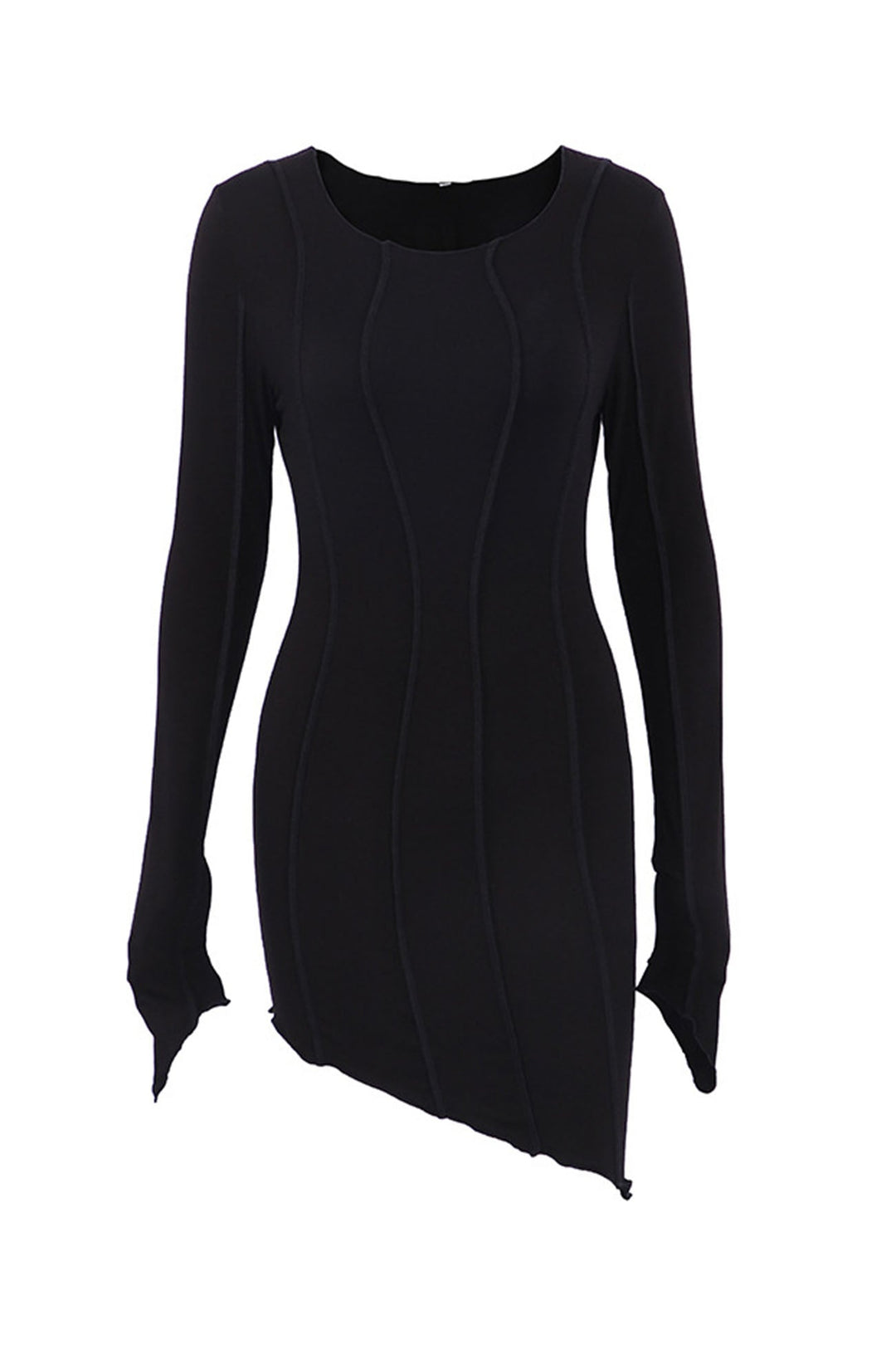 Irregular Shirred Long Sleeve Bodycon Mini Dress Black · L