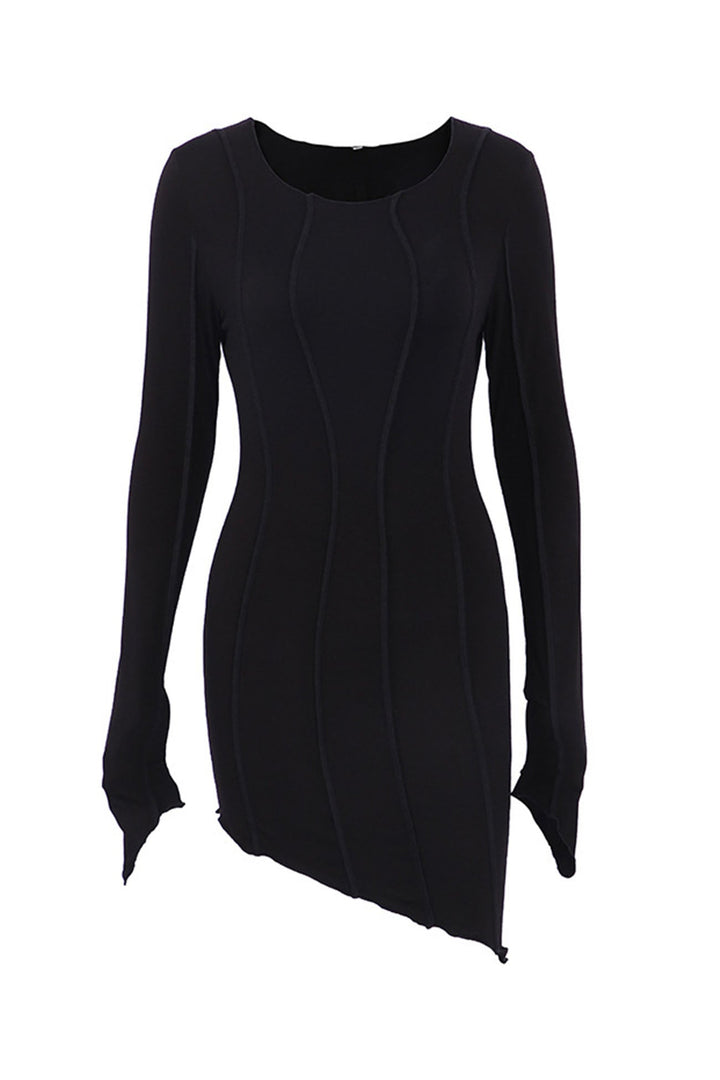Irregular Shirred Long Sleeve Bodycon Mini Dress Black · L