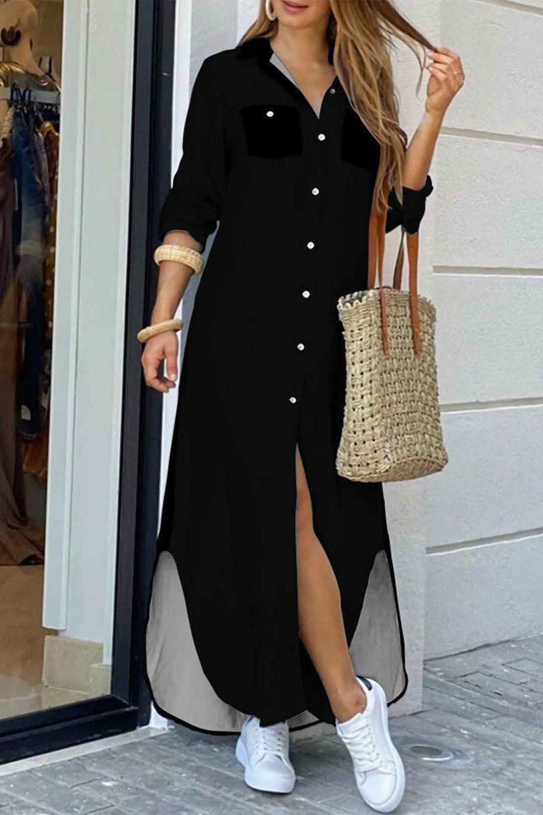 Long Sleeve Button Up Pocket Shirt Dress Pink · XXL