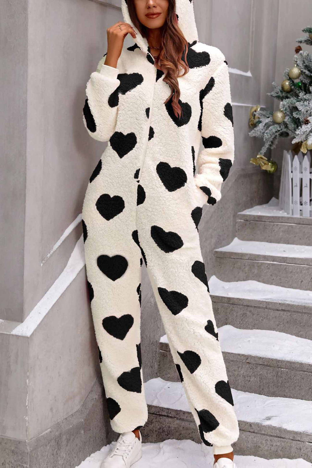 Plush Heart Zip Hooded Jumpsuits Khaki · M