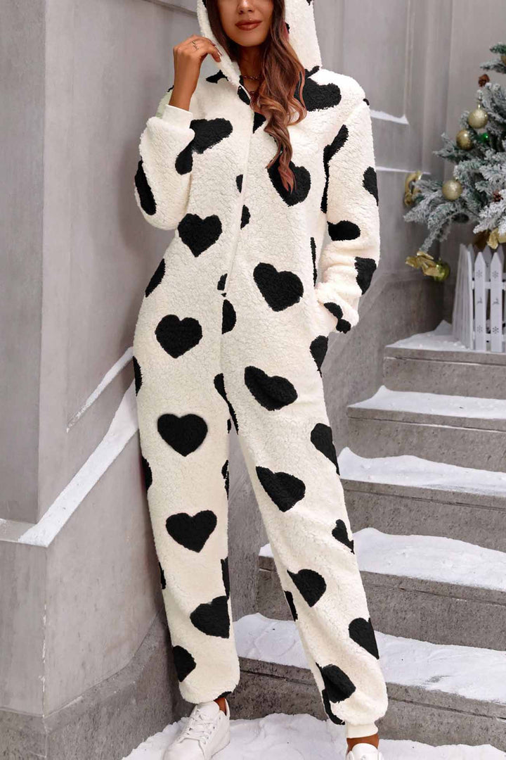 Plush Heart Zip Hooded Jumpsuits Khaki · M