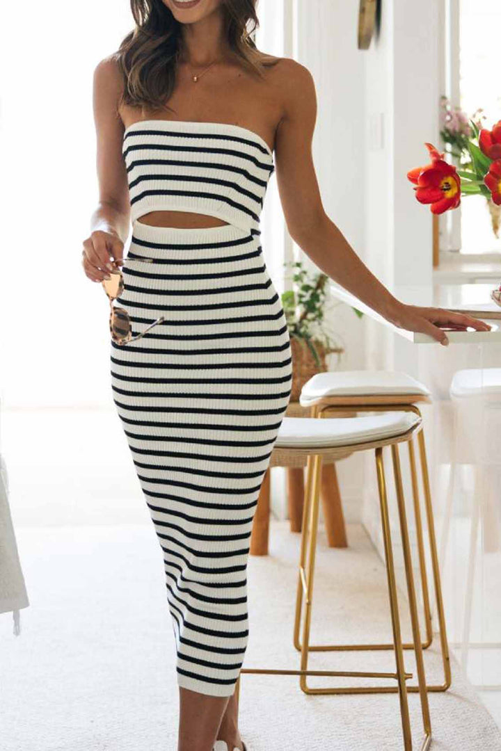 Striped Sleeveless Hollow Knitted Dress Black Stripe · M