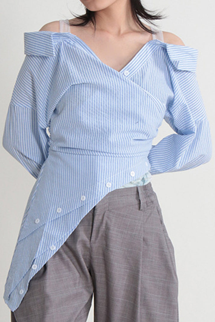 Off Shoulder Irregular Long Sleeve Striped Blouse Blue · S