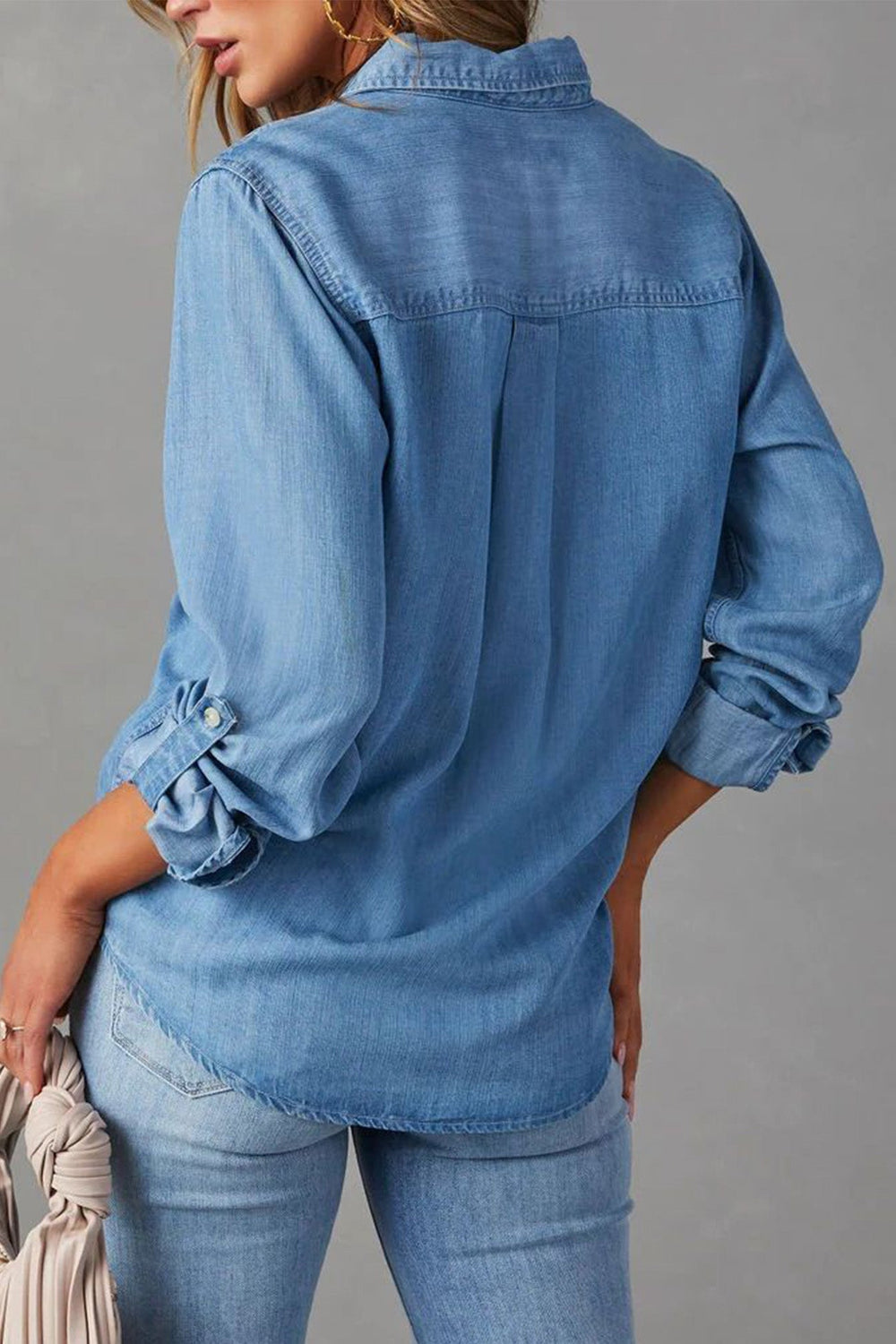 Long Sleeve Button-Up Denim Blouse Blue · M