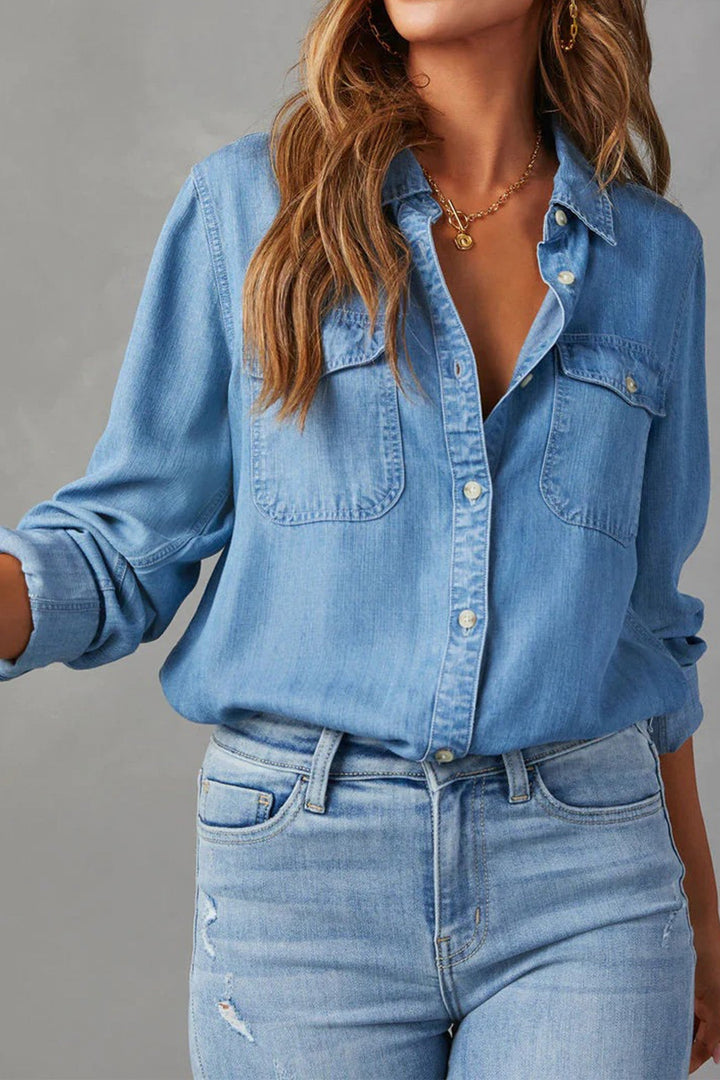 Long Sleeve Button-Up Denim Blouse Blue · S