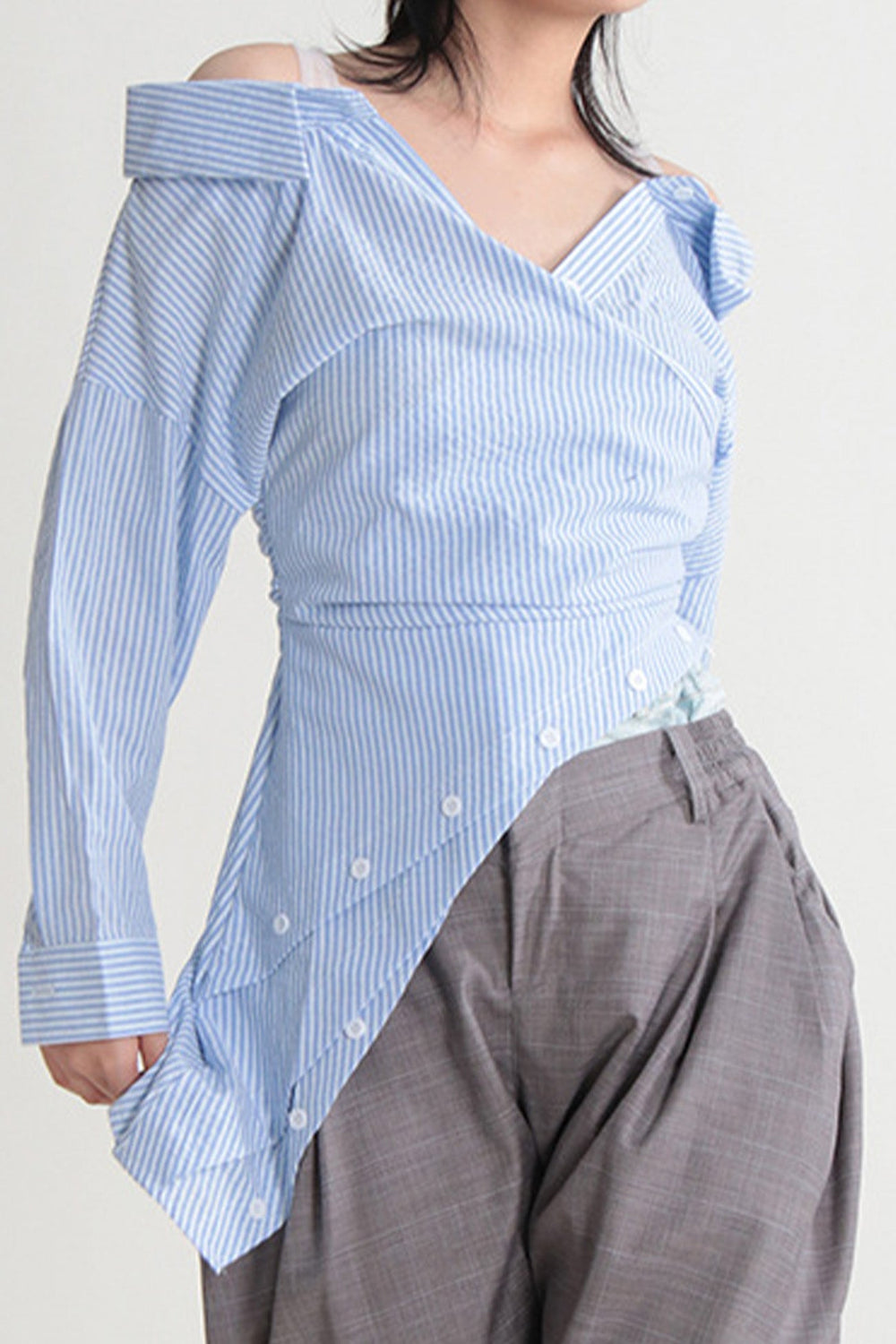 Off Shoulder Irregular Long Sleeve Striped Blouse Blue · M