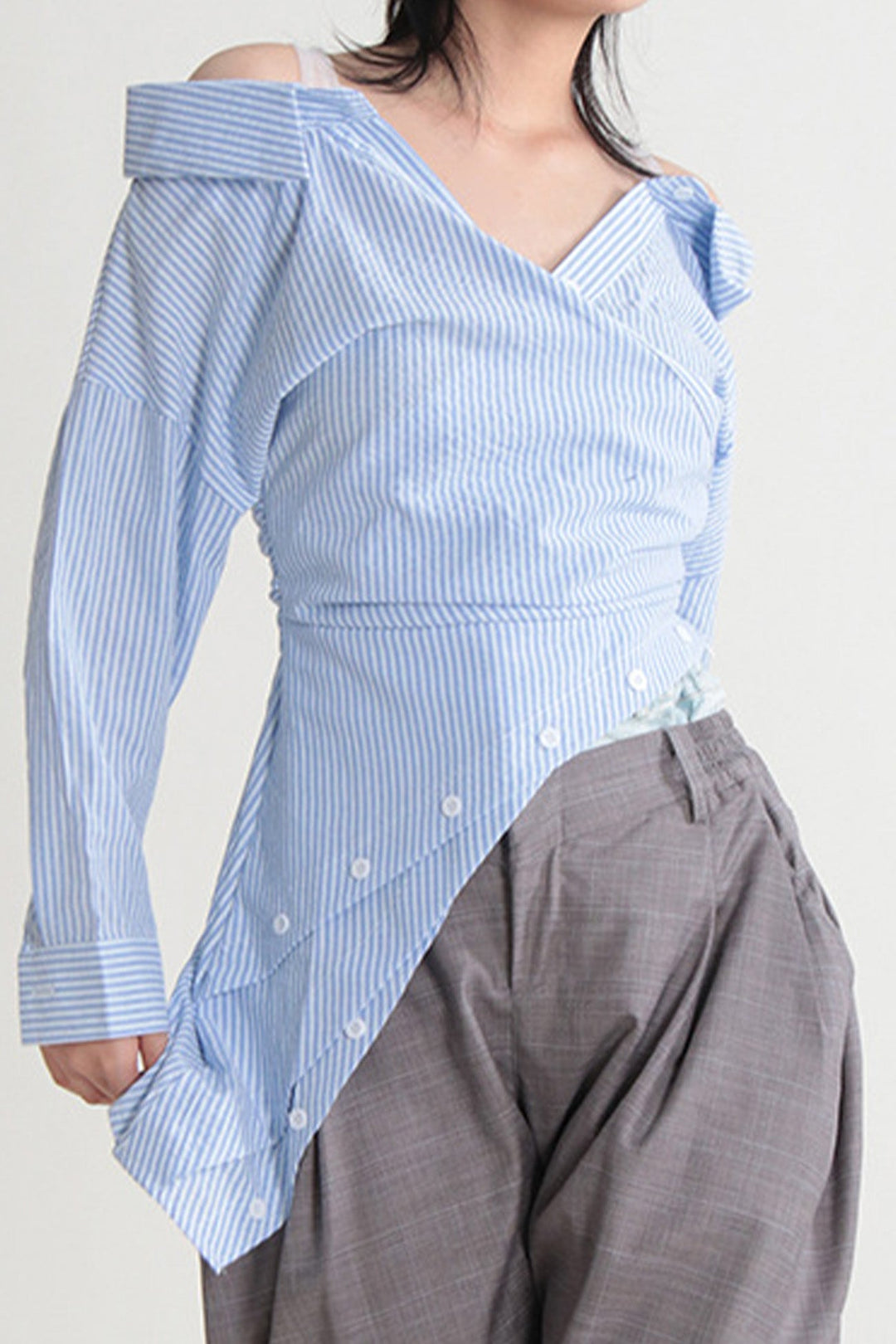 Off Shoulder Irregular Long Sleeve Striped Blouse Blue · M