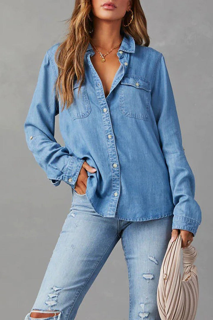 Long Sleeve Button-Up Denim Blouse Blue · L