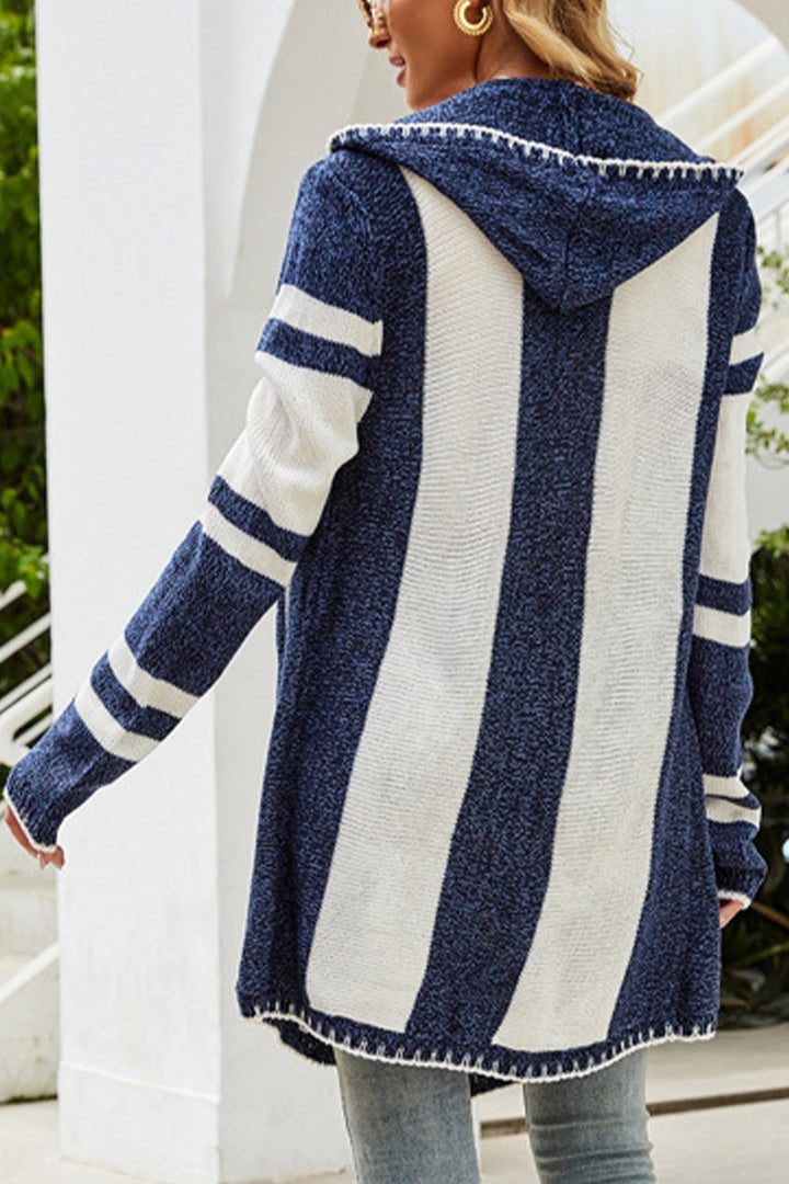 Striped Contrast Hooded Irregular Mid-Length Cardigan Blue · L