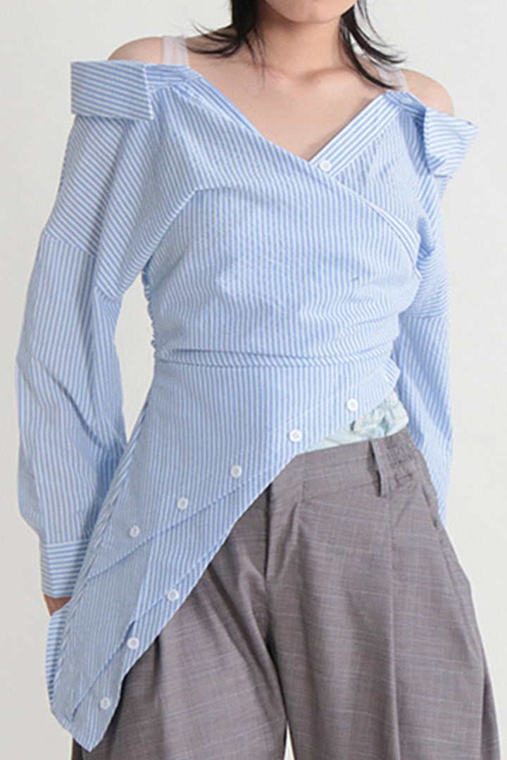 Off Shoulder Irregular Long Sleeve Striped Blouse Blue · L