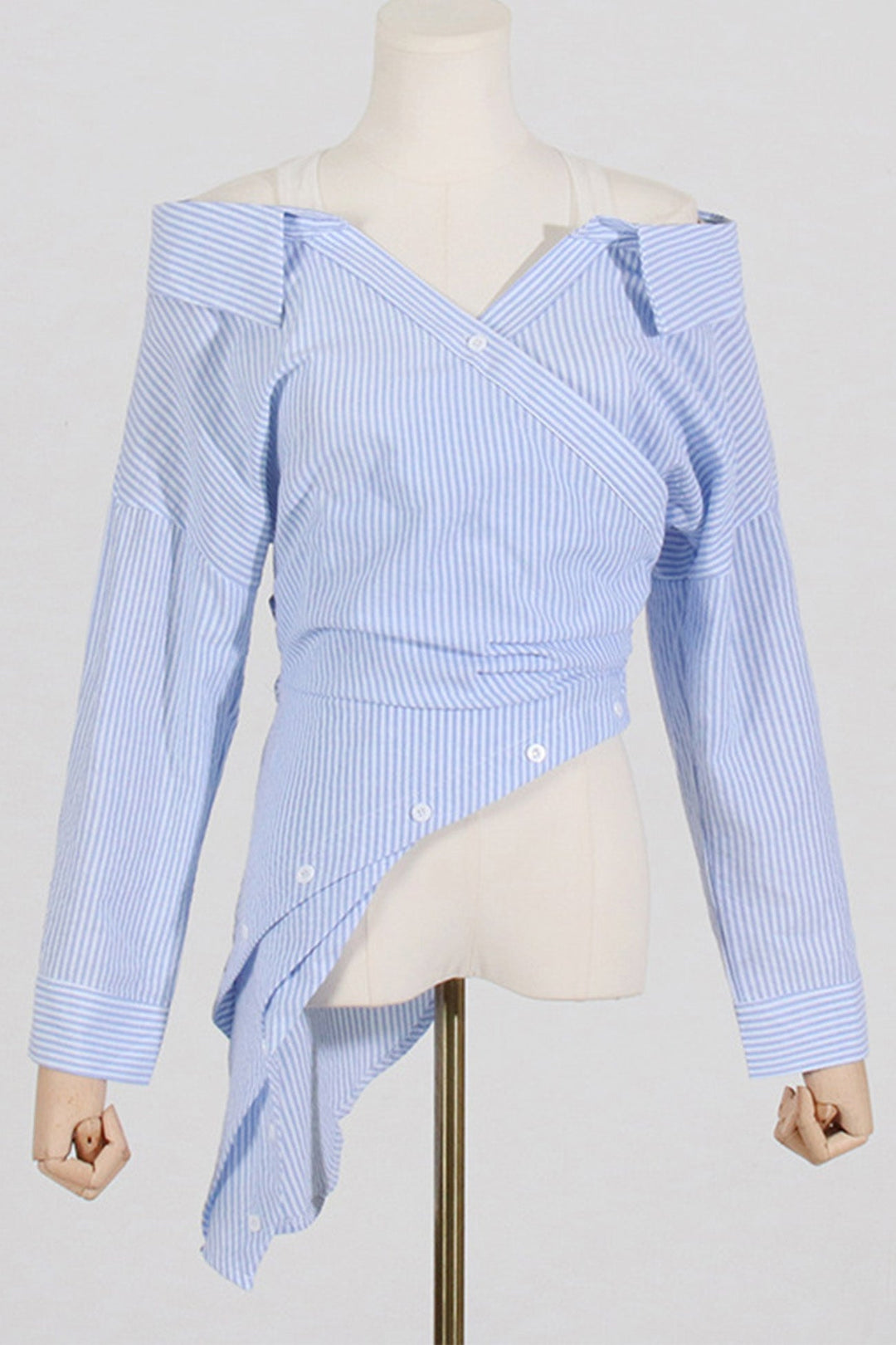 Off Shoulder Irregular Long Sleeve Striped Blouse Blue · XL