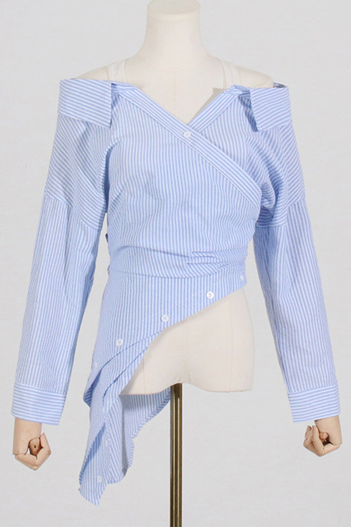 Off Shoulder Irregular Long Sleeve Striped Blouse Blue · XL