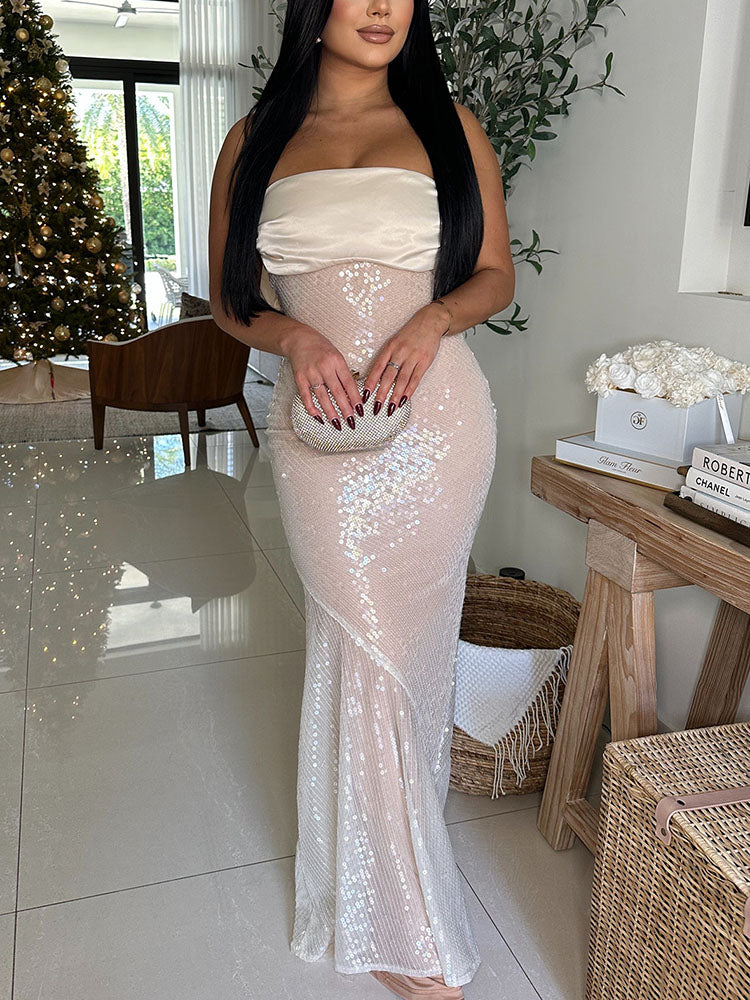 Bow Back Sequin Strapless Dress Beige / M