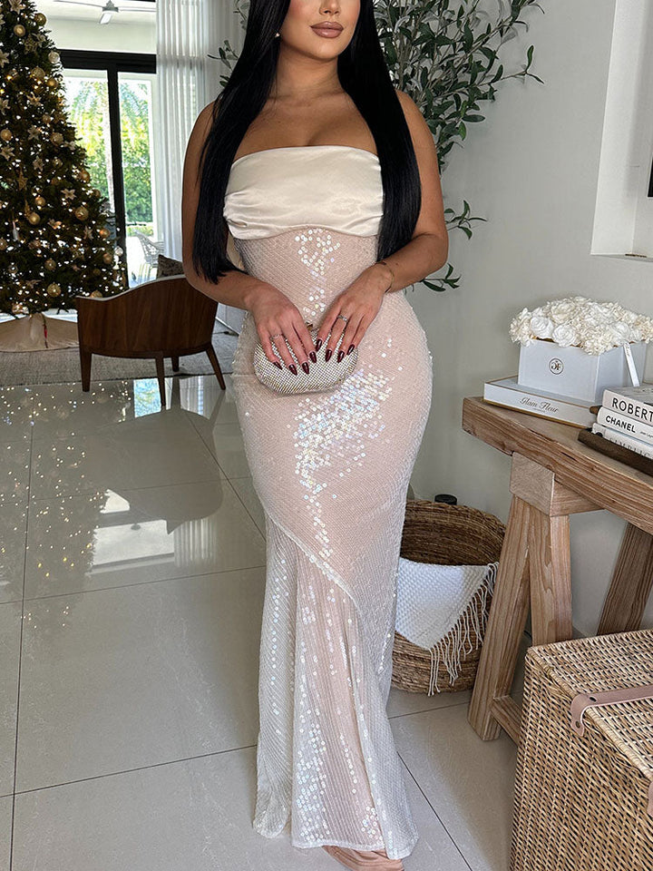 Bow Back Sequin Strapless Dress Beige / M