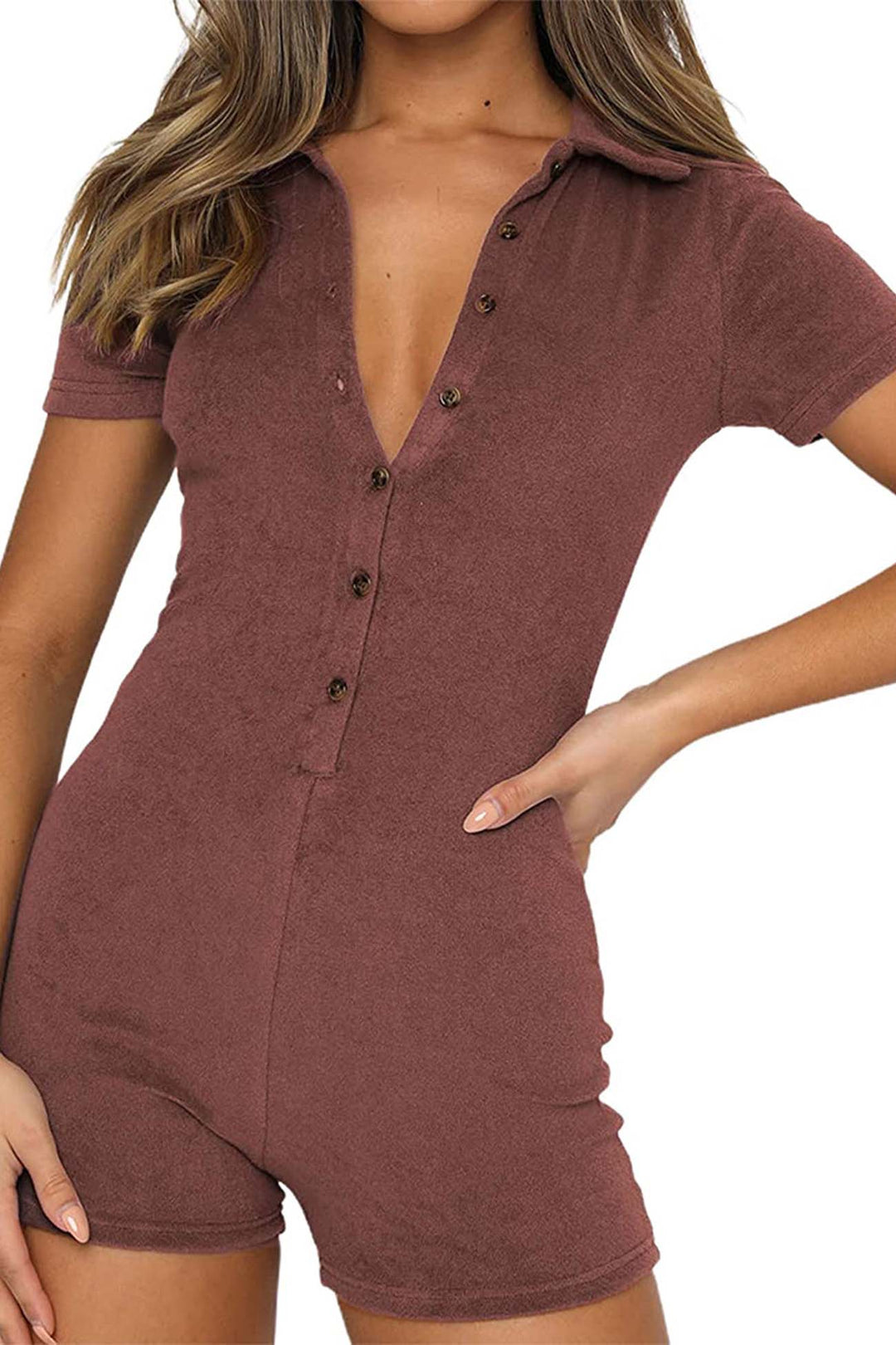 Solid Color Button Lapel Short Sleeve Rompers Brown · L