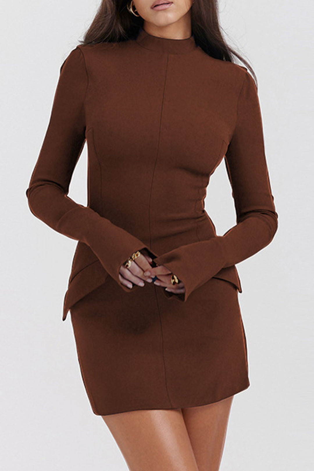 Solid Color Mock Neck Bell Sleeve Dress Red · XL