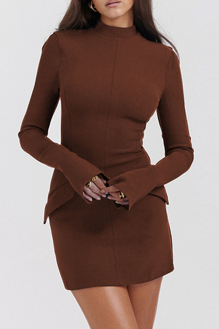 Solid Color Mock Neck Bell Sleeve Dress Red · XL