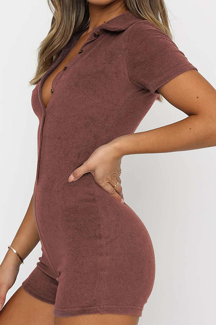 Solid Color Button Lapel Short Sleeve Rompers Brown · XL