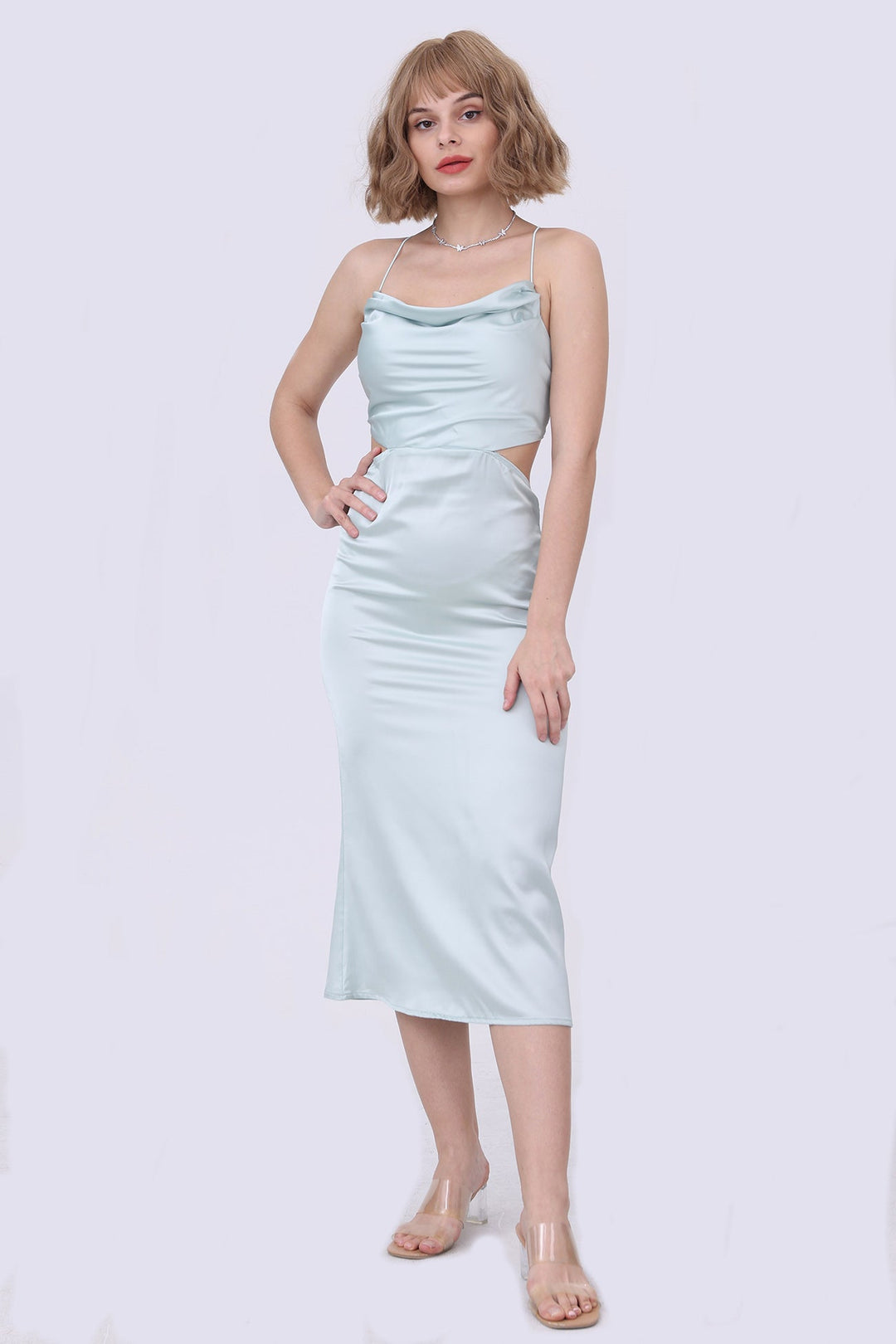 Solid Tie Backless Cami Dress Mint Green · L