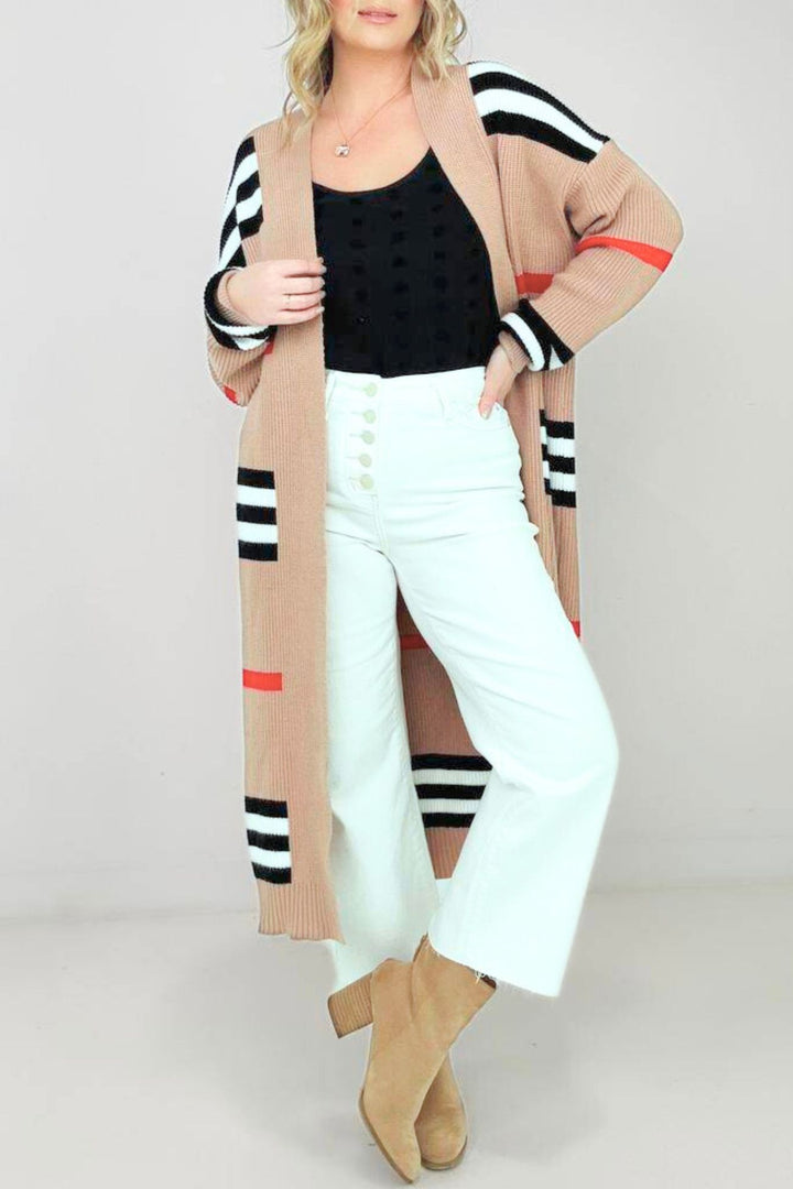Contrast Striped Open Front Cardigan Grey · XL