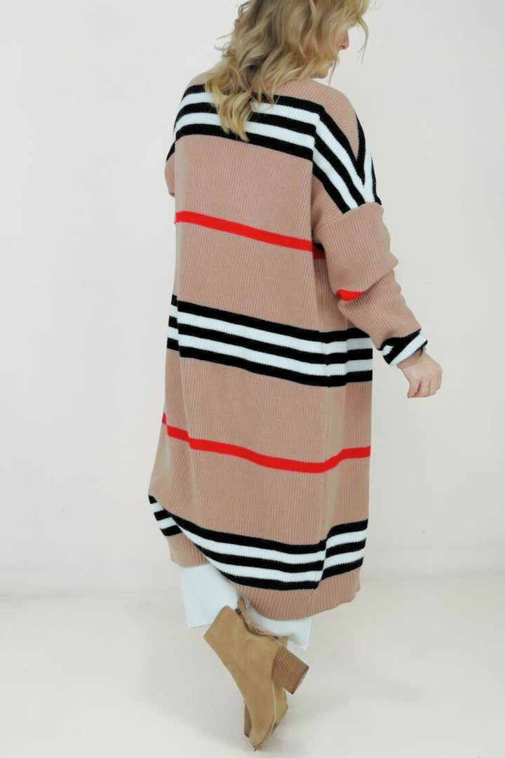 Contrast Striped Open Front Cardigan Camel · S