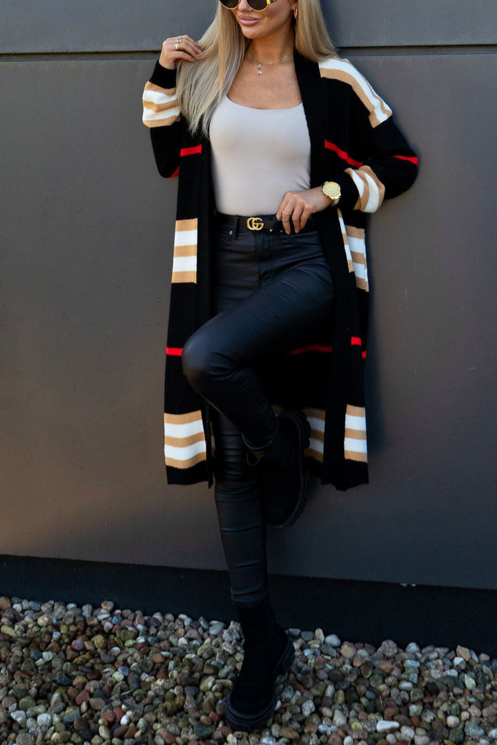 Contrast Striped Open Front Cardigan Black · L