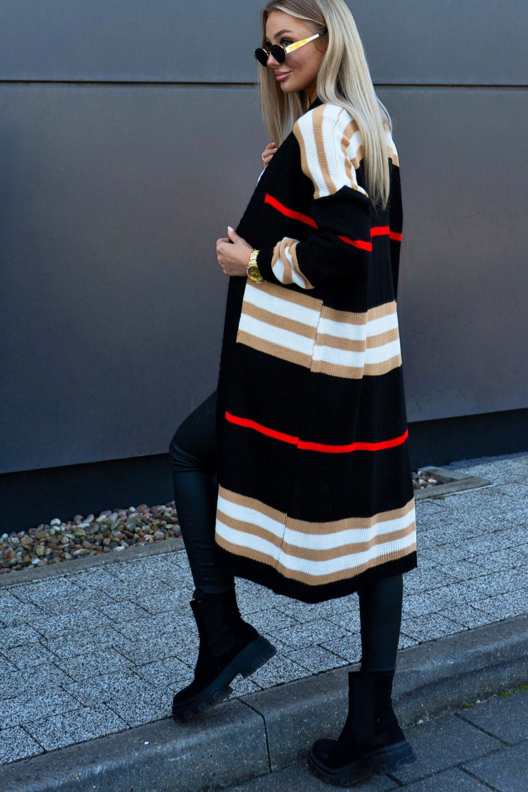 Contrast Striped Open Front Cardigan Black · XL