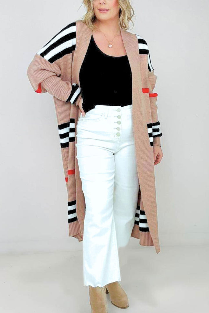 Contrast Striped Open Front Cardigan Grey · 2XL