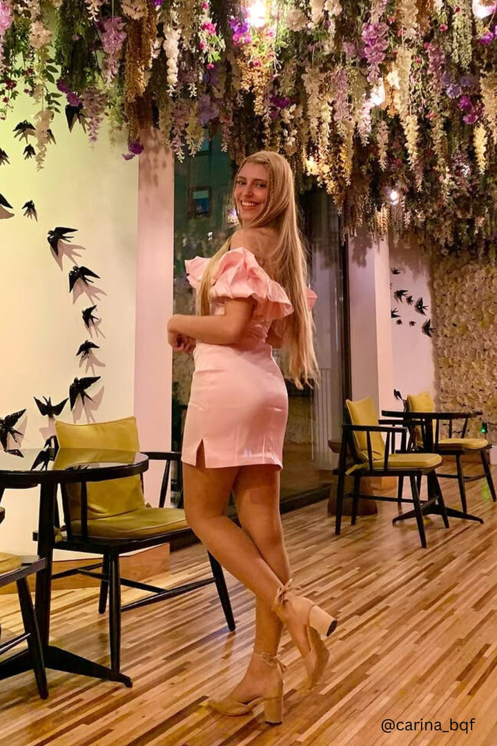 Satin Shirring Strapless Mini Dress Pink · S
