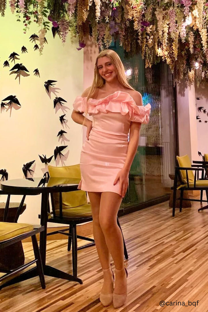 Satin Shirring Strapless Mini Dress Pink · XS