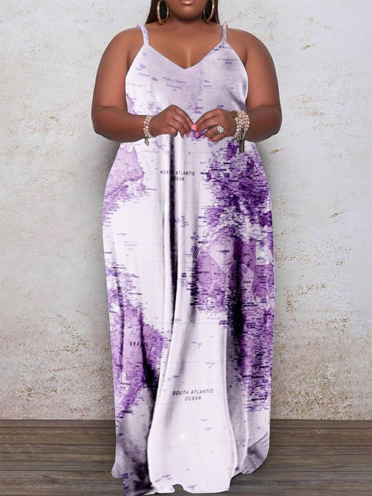 Casual Map Print Spaghetti Strap Maxi Dress Blue / 4XL