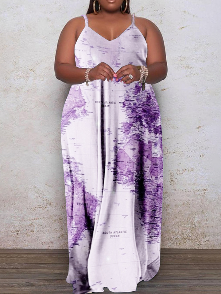 Casual Map Print Spaghetti Strap Maxi Dress Blue / 4XL