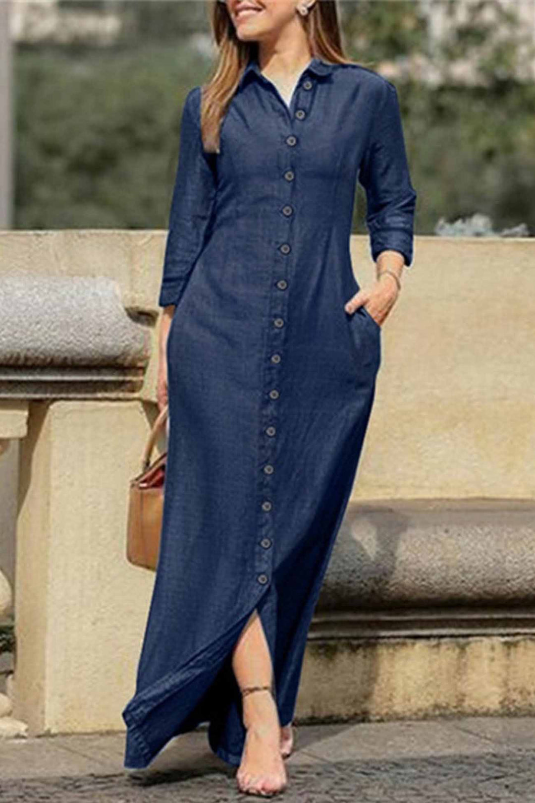 Lapel Button Up Shirt Dress Light Blue · S