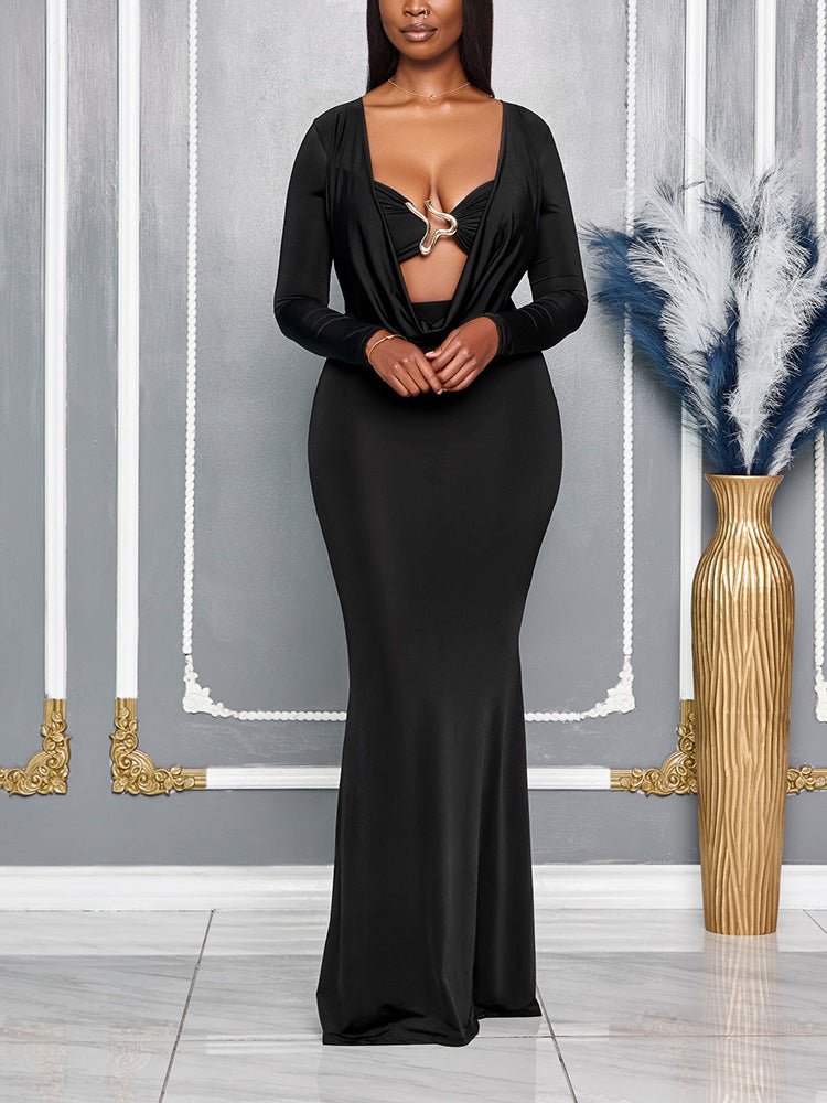 Draped Plunge Neck Dresss Black / M