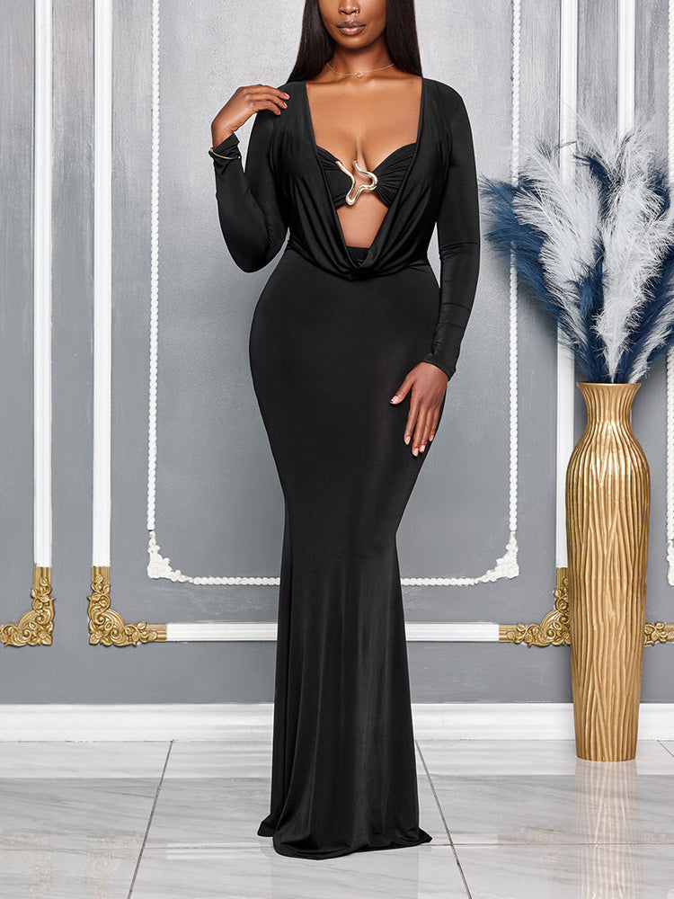 Draped Plunge Neck Dresss Black / L
