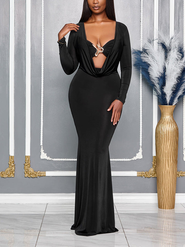Draped Plunge Neck Dresss Black / L