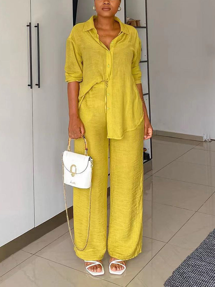 Casual Solid Shirt & Pants Set Yellow / L