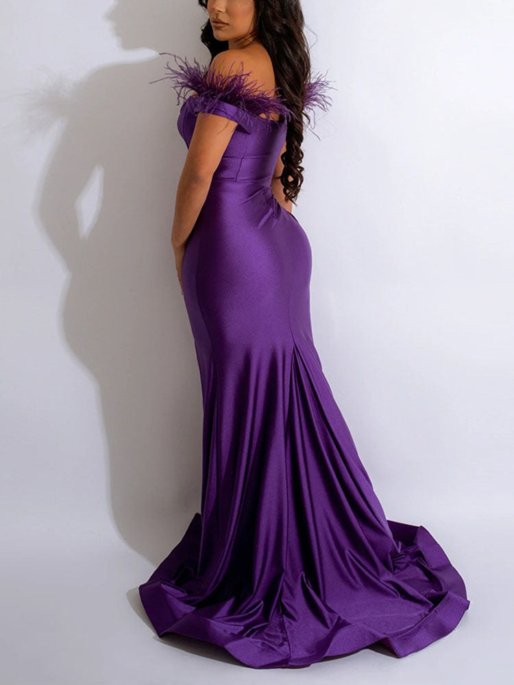 Off Shoulder Feather Slit Dress Purple / XL