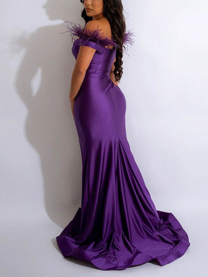 Off Shoulder Feather Slit Dress Purple / XL