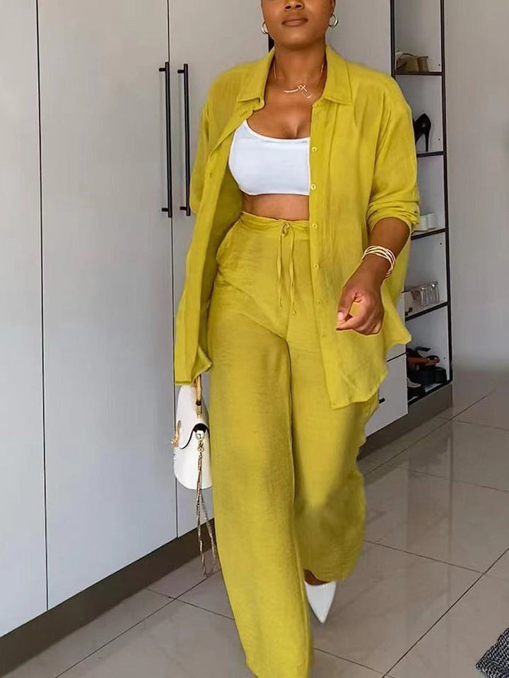 Casual Solid Shirt & Pants Set Yellow / S