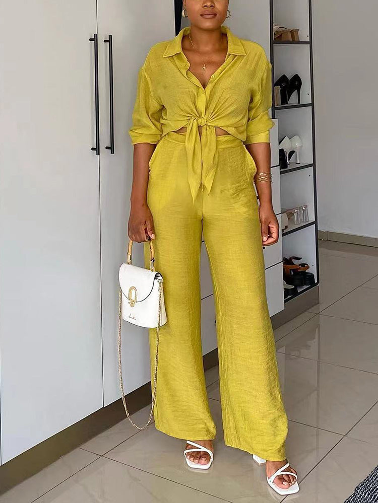Casual Solid Shirt & Pants Set Yellow / M