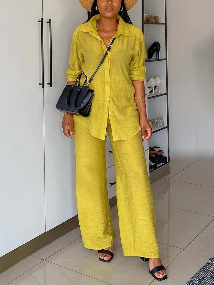 Casual Solid Shirt & Pants Set Yellow / XL