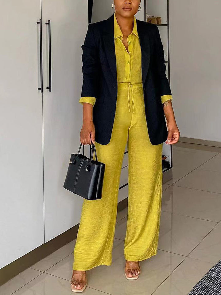 Casual Solid Shirt & Pants Set Yellow / 2XL