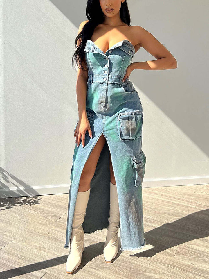 Iridescent Denim Cargo Dress Light Blue / 2XL
