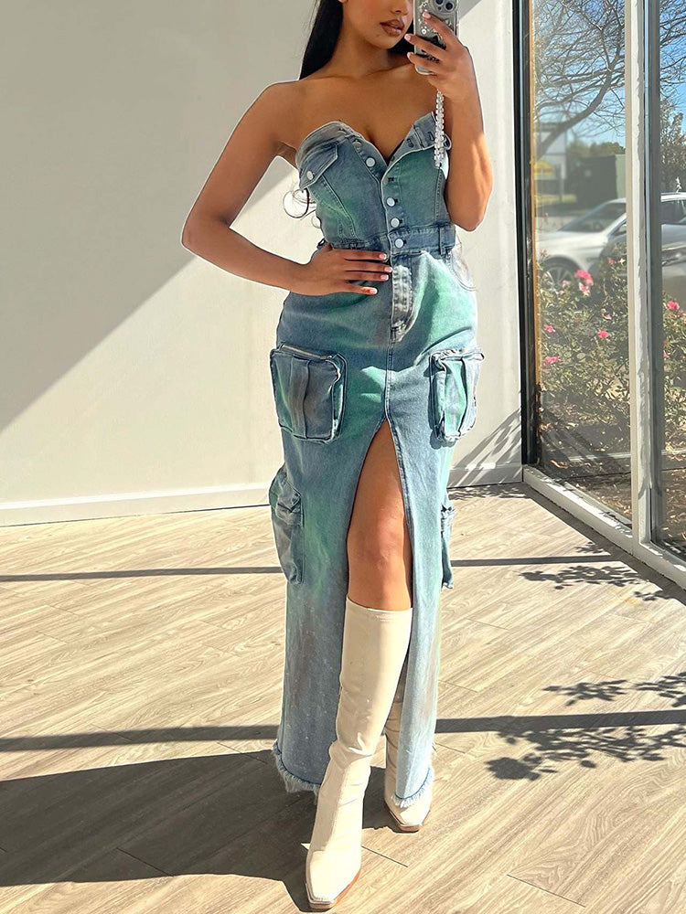 Iridescent Denim Cargo Dress Light Blue / XL